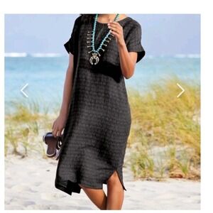 Soft Surroundings M Remi Gauze Shirt Dress Black Linen Cotton Blend Short Sleeve